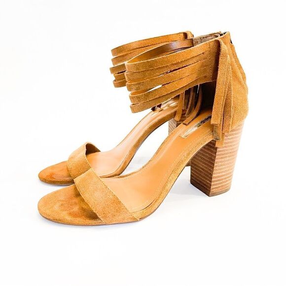 🍋 BCBGeneration • Women’s Fringe Camel Suede Block Heel Sandal Size 8.5 - Picture 3 of 6